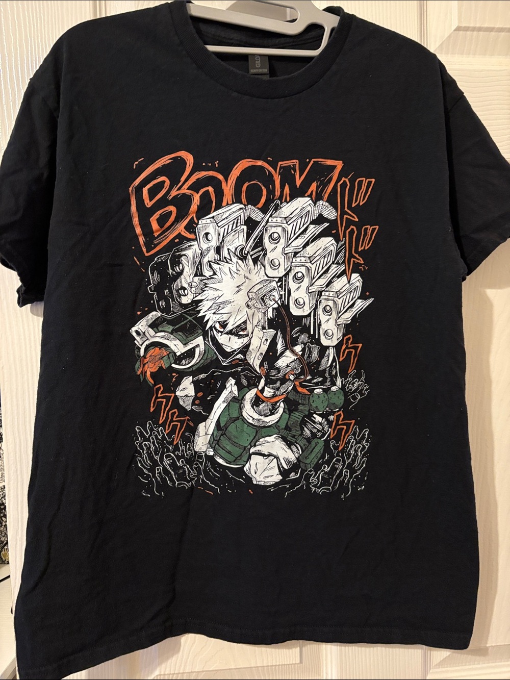 Gildan Black Short Sleeve Anime Graphic Tee with Orange & Green Accents